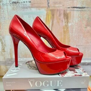 Brian Atwood Bambola Patent Low Vamp Red Peep Toe Heels Stiletto Platform Sexy